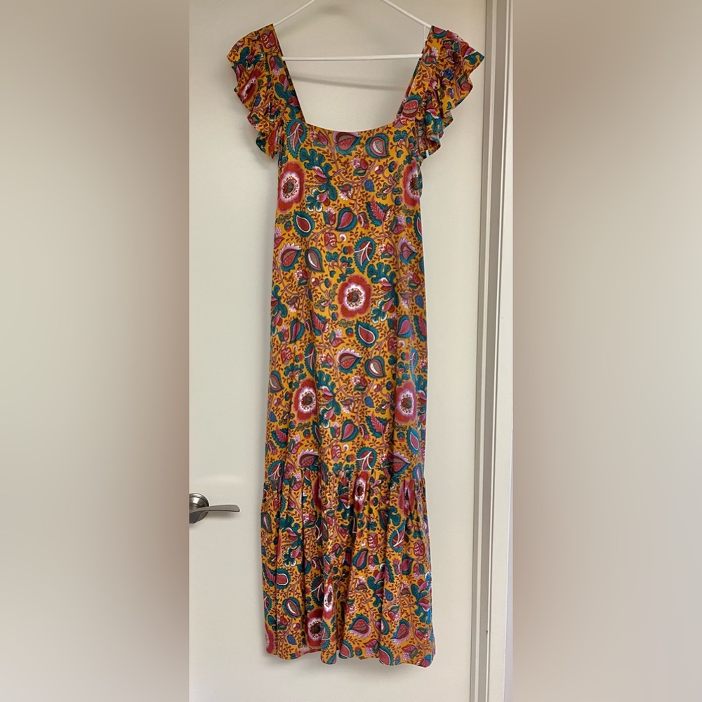 NWT House Of Harlow 1960 Flutter Sleeve Floral Midi Dress, Jackie Mustard Print
